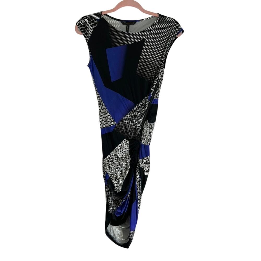 BCBG Maxazria Black Blue White Short Sleeve Geometric Design Midi Dress Size XS